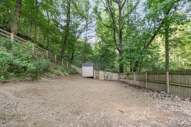 view of yard featuring a storage shed