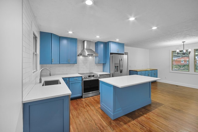 kitchen featuring backsplash, wall chimney range hood, sink, a kitchen island, and stainless steel appliances