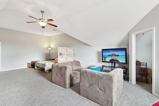 living room with ceiling fan, light carpet, and lofted ceiling