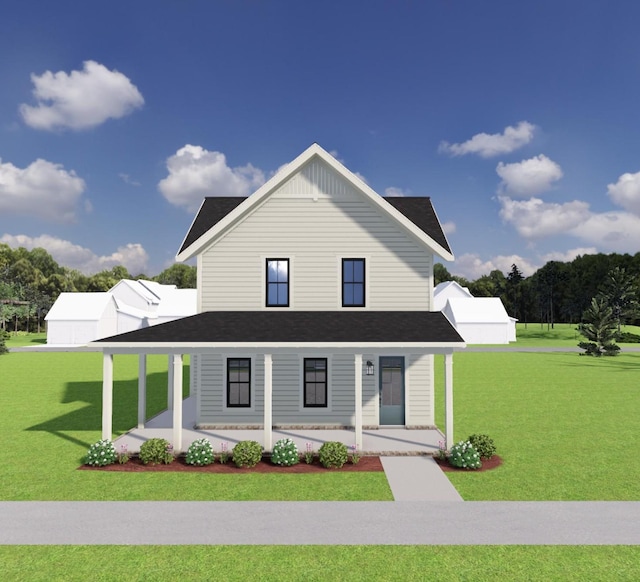 exterior space featuring covered porch and a yard