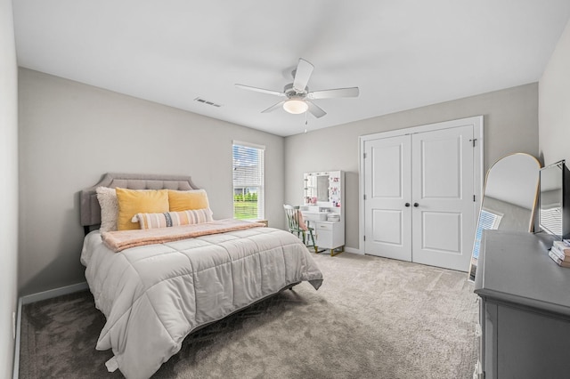 bedroom featuring carpet flooring, a closet, and ceiling fan