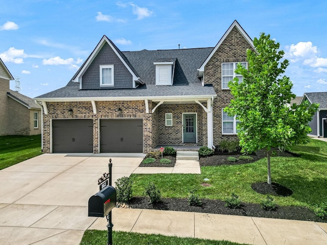 view of front of home with a front lawn and a garage