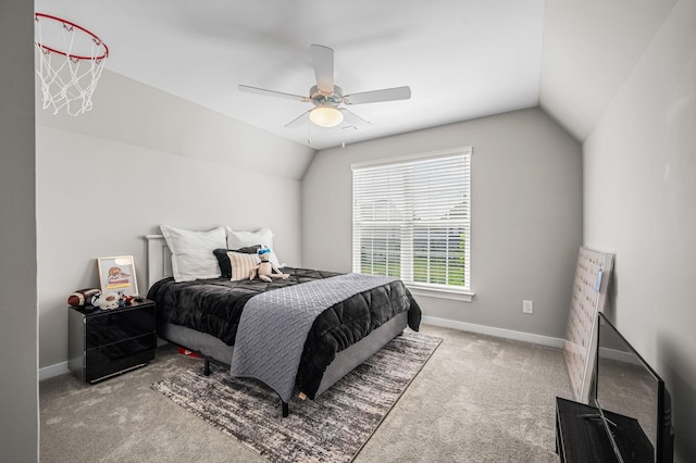 bedroom with carpet, ceiling fan, and lofted ceiling