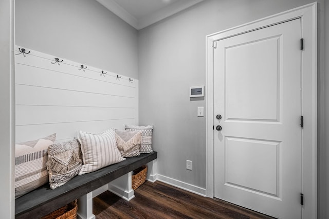 mudroom featuring dark hardwood / wood-style flooring and ornamental molding