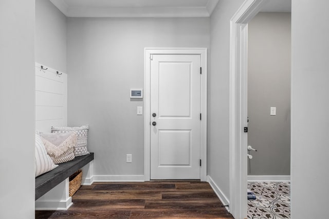 mudroom with crown molding and dark hardwood / wood-style flooring