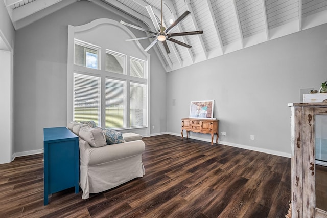 sitting room with beamed ceiling, dark hardwood / wood-style floors, ceiling fan, and high vaulted ceiling