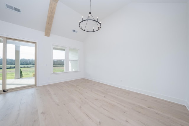 interior space featuring beam ceiling, a chandelier, high vaulted ceiling, and light hardwood / wood-style floors