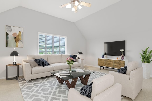 carpeted living room featuring ceiling fan and vaulted ceiling