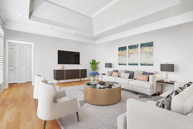 living room featuring light hardwood / wood-style flooring and a tray ceiling