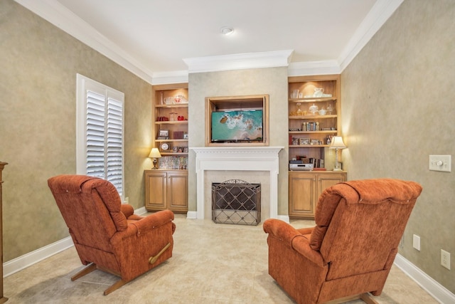 living room with built in shelves and crown molding