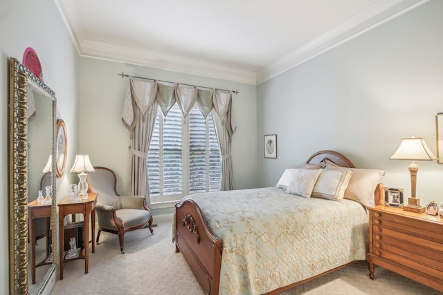 carpeted bedroom featuring multiple windows and crown molding