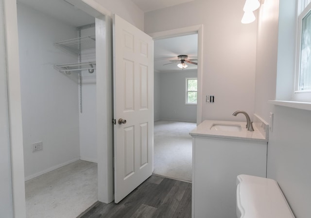 bathroom with vanity, hardwood / wood-style flooring, and ceiling fan