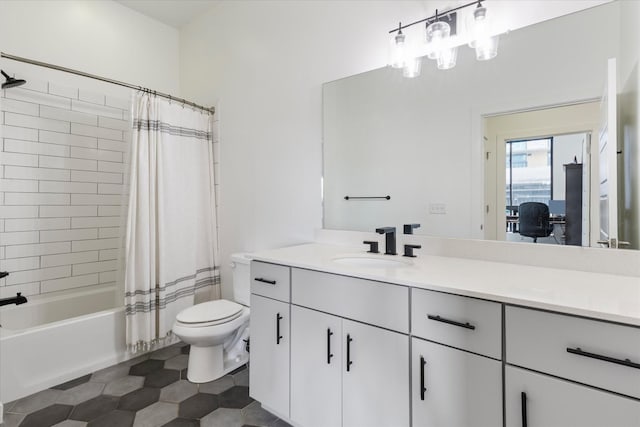 full bathroom with tile patterned floors, vanity, shower / bath combination with curtain, and toilet