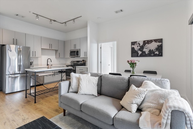 living room featuring track lighting, light hardwood / wood-style flooring, and sink