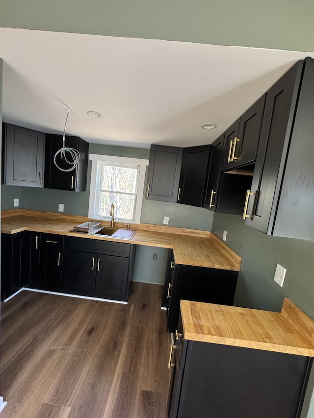 kitchen featuring a sink, dark cabinets, dark wood-style flooring, and butcher block counters