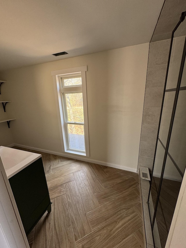 interior space featuring visible vents, baseboards, and vanity