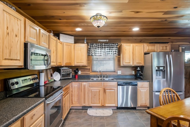 kitchen with appliances with stainless steel finishes, light brown cabinetry, wooden ceiling, and sink