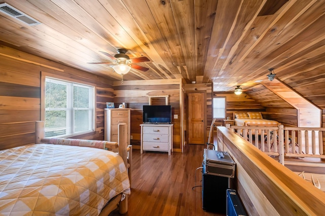 bedroom with dark wood-type flooring, wood walls, and wood ceiling