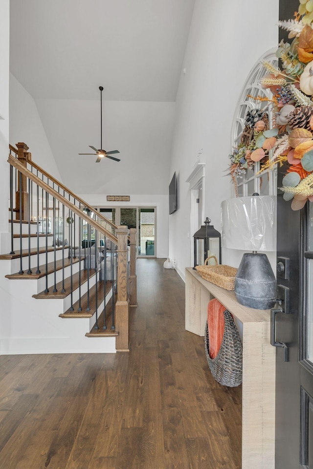 foyer entrance featuring ceiling fan, dark hardwood / wood-style flooring, and high vaulted ceiling