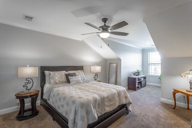 bedroom featuring carpet flooring, ceiling fan, ornamental molding, and vaulted ceiling