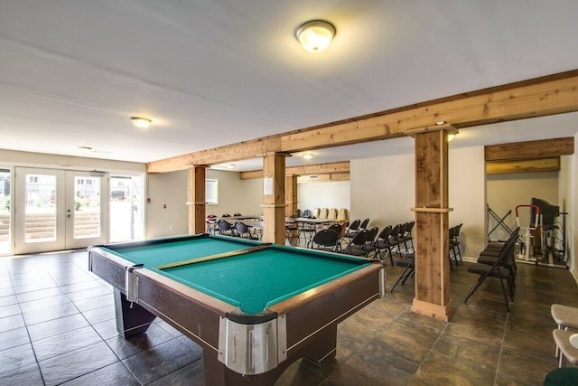 playroom featuring pool table and french doors