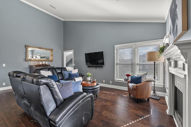 living room with ornamental molding and dark wood-type flooring