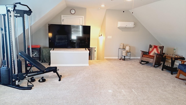 workout room featuring vaulted ceiling, ceiling fan, a wall mounted AC, and light carpet