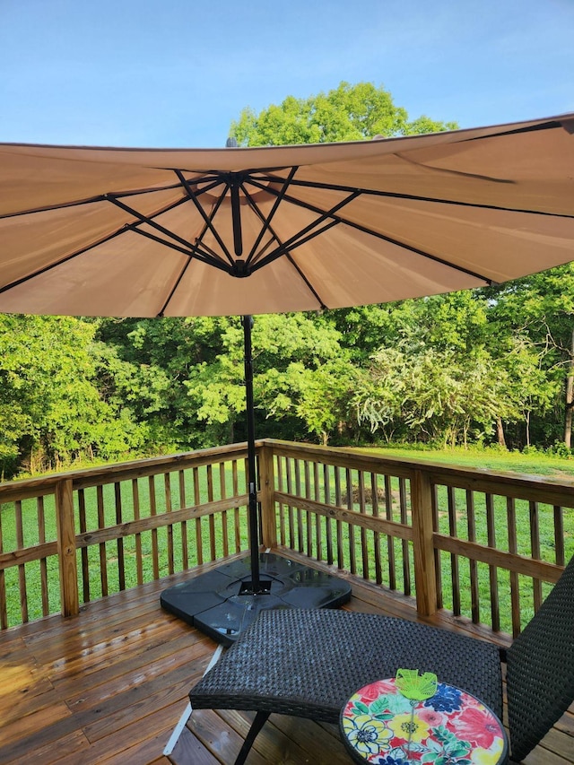 wooden deck with a lawn