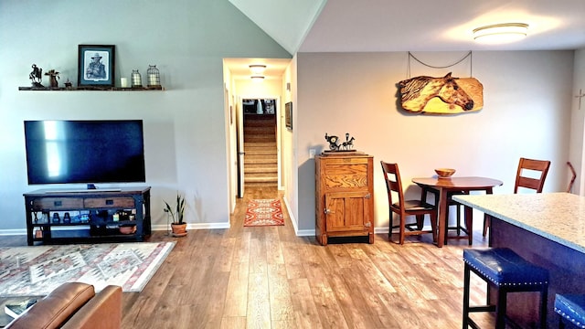 living room featuring lofted ceiling and wood-type flooring