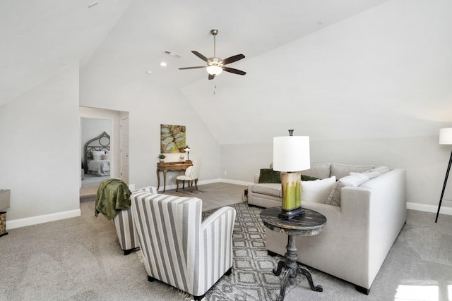 carpeted living area featuring visible vents, baseboards, ceiling fan, and vaulted ceiling