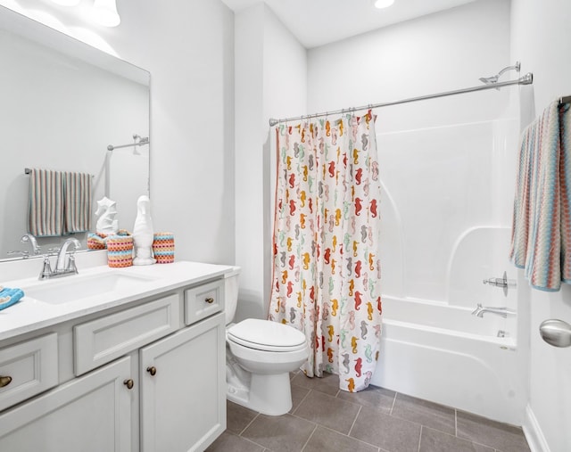 bathroom featuring tile patterned flooring, toilet, vanity, and shower / tub combo with curtain