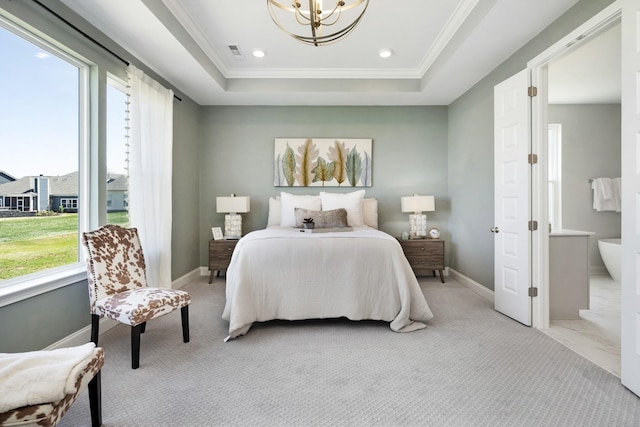 bedroom with a raised ceiling, a notable chandelier, baseboards, and ornamental molding