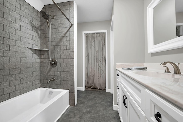 bathroom with shower / bath combination with curtain and vanity