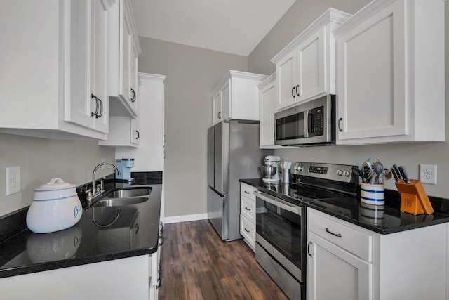 kitchen featuring white cabinets, sink, stainless steel appliances, and dark wood-type flooring