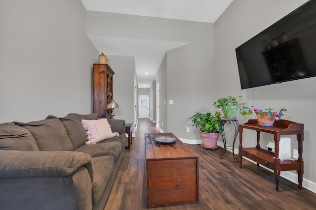 living room with dark hardwood / wood-style flooring