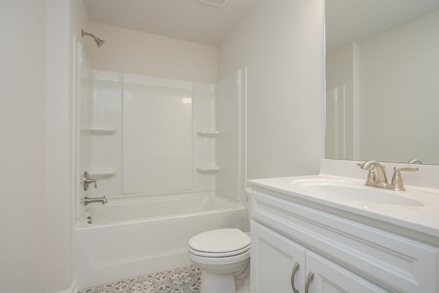 full bathroom with bathtub / shower combination, vanity, toilet, and tile patterned flooring