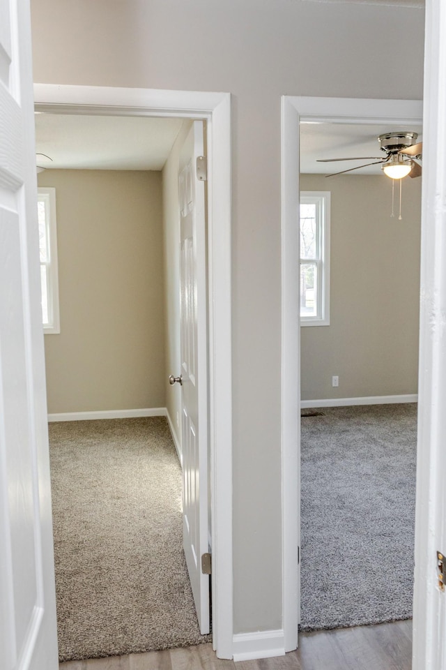 hall with light colored carpet