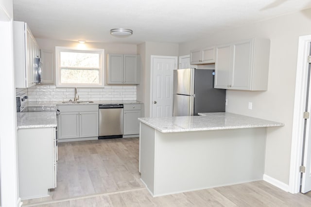 kitchen featuring kitchen peninsula, appliances with stainless steel finishes, decorative backsplash, sink, and light hardwood / wood-style flooring