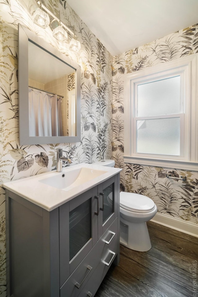 bathroom featuring vanity, curtained shower, wood-type flooring, and toilet