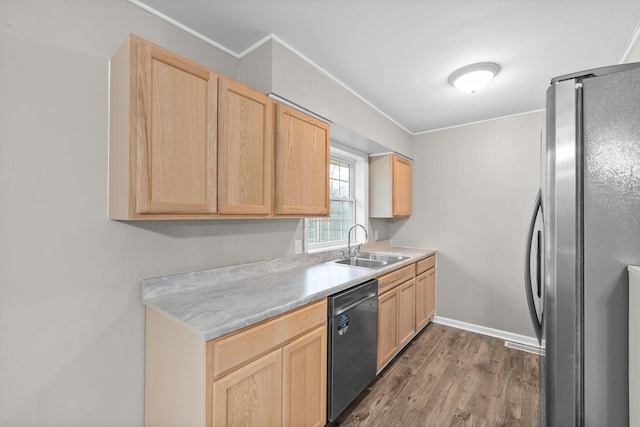 kitchen featuring stainless steel fridge, black dishwasher, dark hardwood / wood-style floors, and light brown cabinets