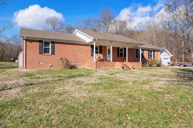 ranch-style house with a front lawn, a porch, and a garage