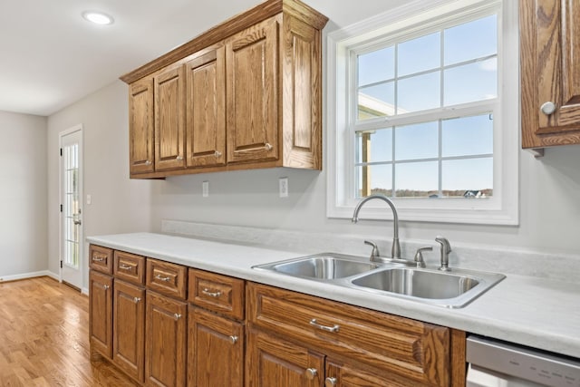 kitchen featuring light hardwood / wood-style floors, stainless steel dishwasher, and sink