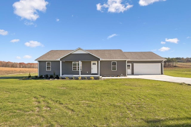 single story home featuring covered porch, a garage, and a front lawn