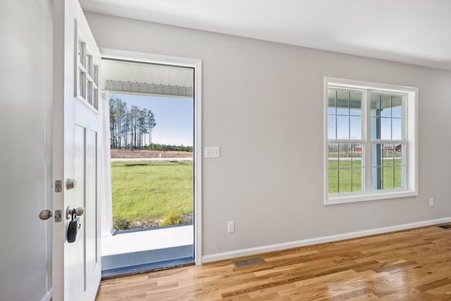 foyer entrance featuring a wealth of natural light and light hardwood / wood-style flooring