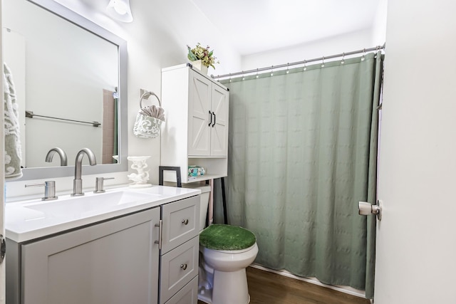 bathroom featuring toilet, vanity, and hardwood / wood-style flooring