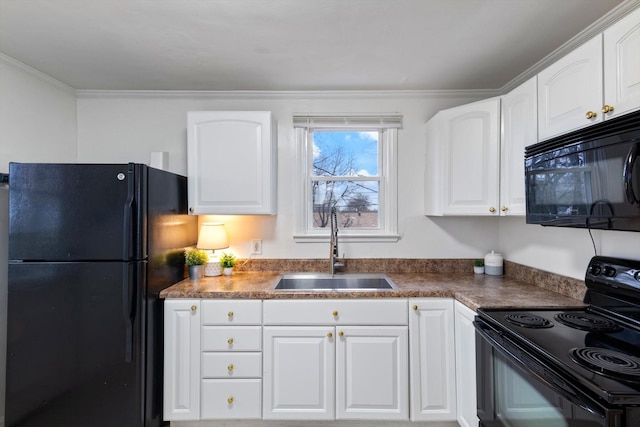 kitchen with white cabinets, ornamental molding, black appliances, and sink