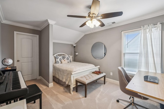 carpeted bedroom with lofted ceiling, ceiling fan, and ornamental molding