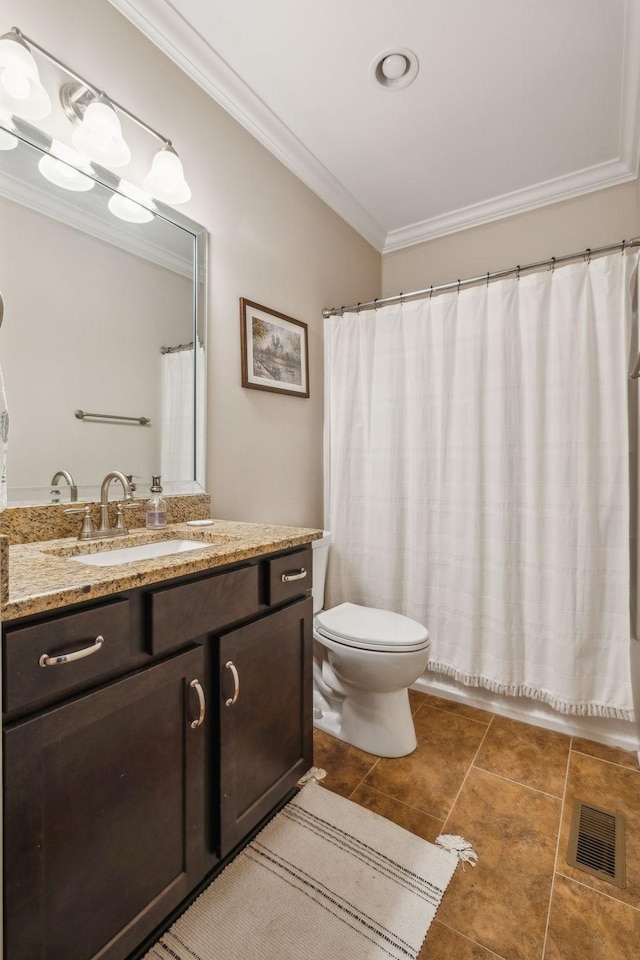 full bathroom with crown molding, vanity, shower / bath combination with curtain, and toilet