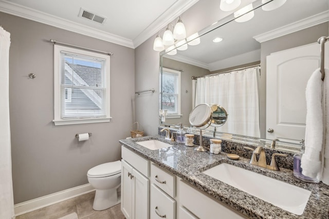 bathroom featuring toilet, vanity, tile patterned floors, and crown molding