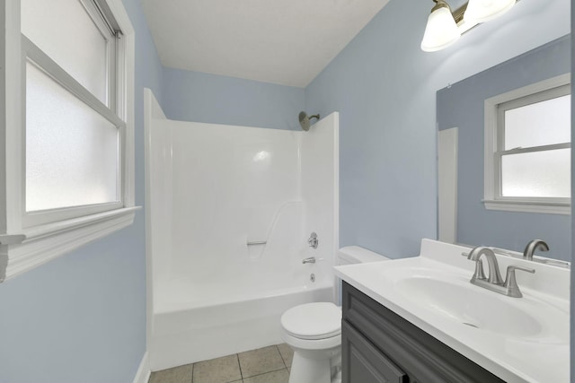 full bathroom featuring toilet, vanity, tile patterned floors, and plenty of natural light